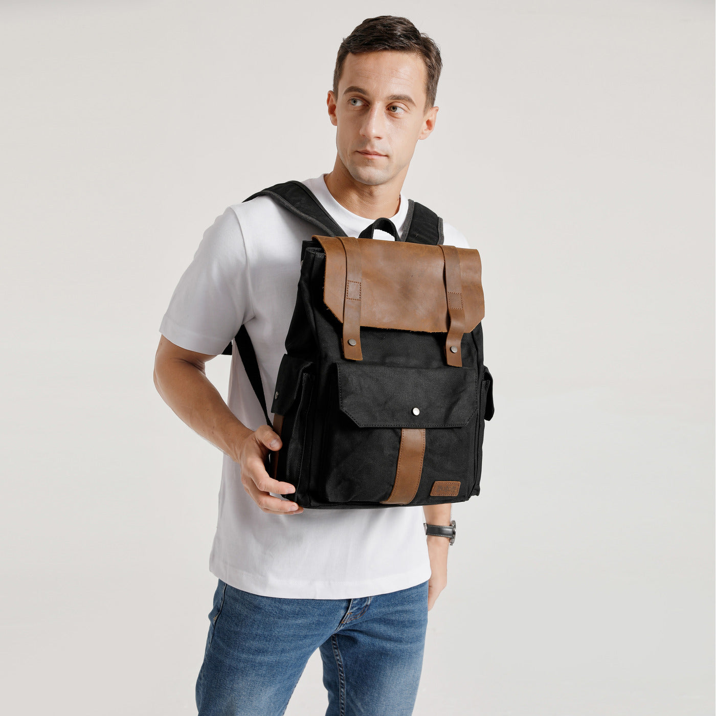 ALI - Sac à dos en cuir véritable et toile enduite - Noir