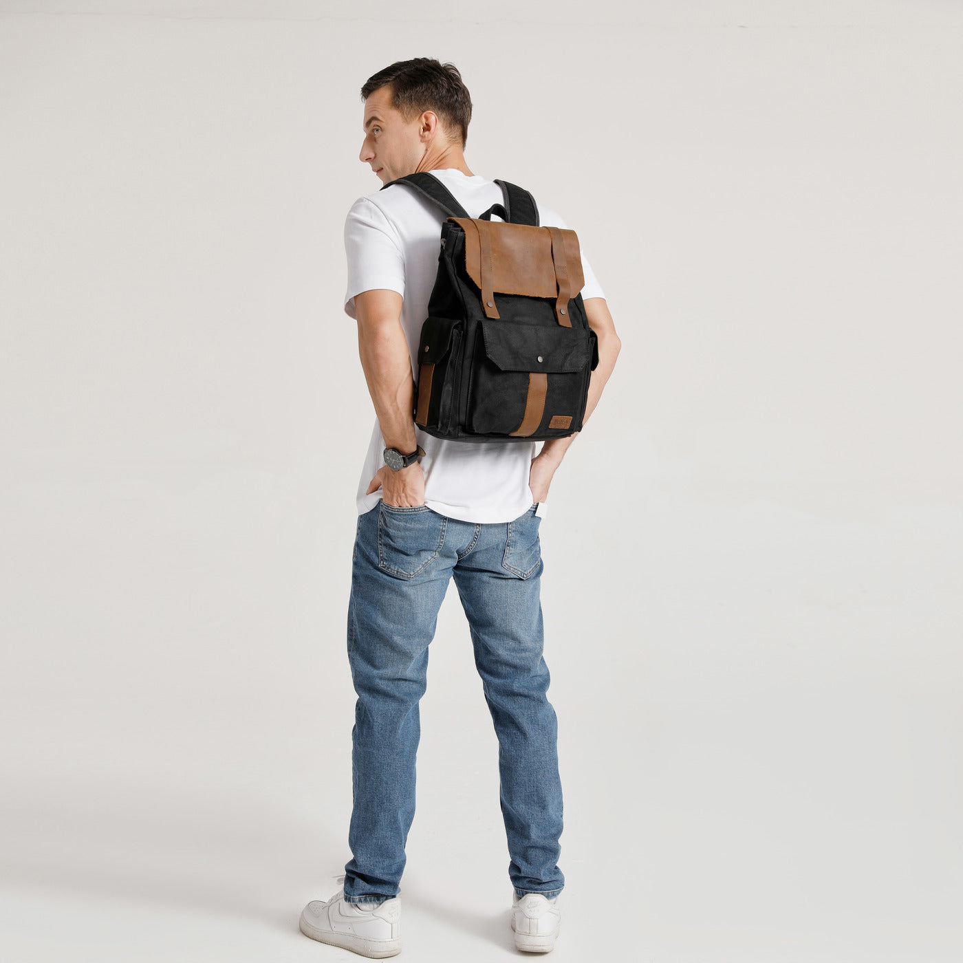 ALI - Sac à dos en cuir véritable et toile enduite - Noir