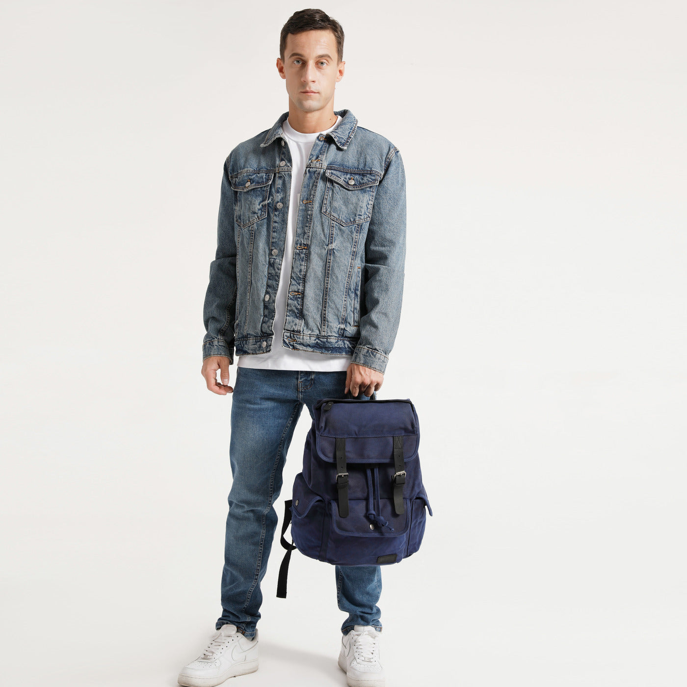 BILL - Sac à dos en cuir véritable et toile enduite - Bleu