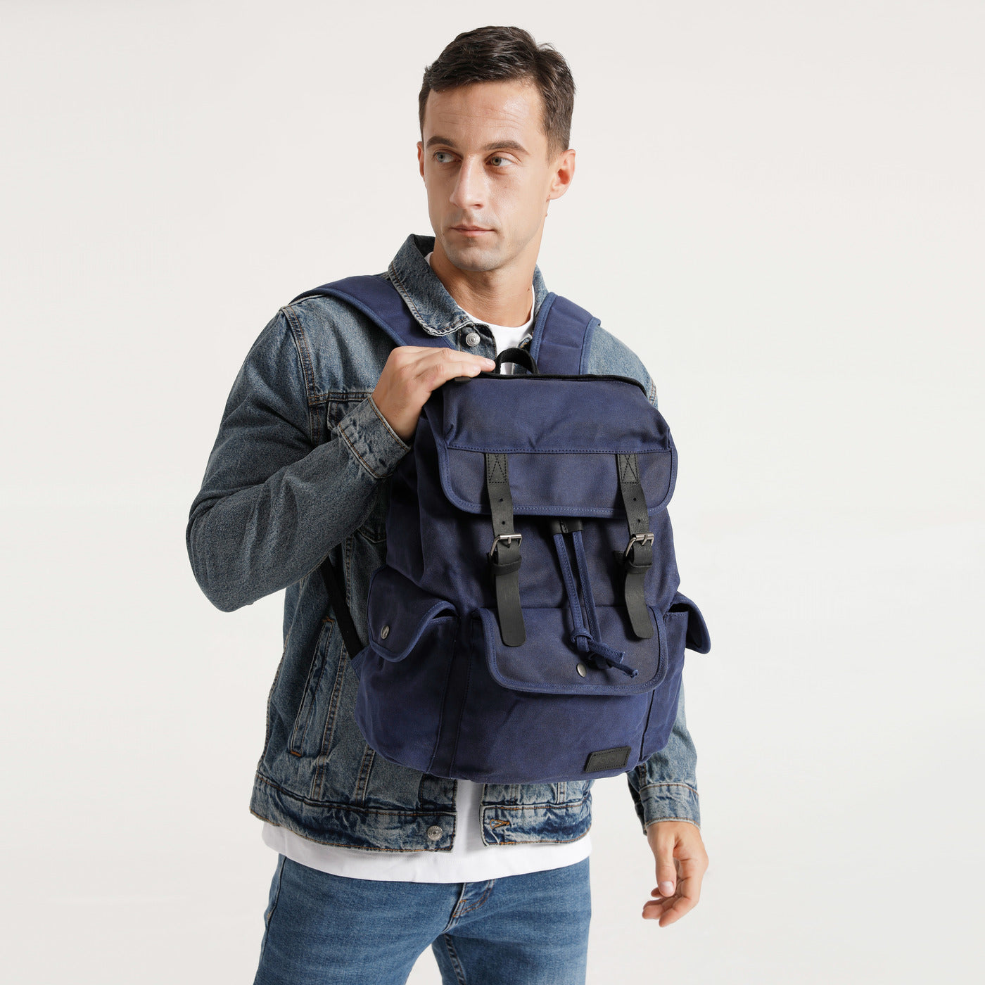 BILL - Sac à dos en cuir véritable et toile enduite - Bleu