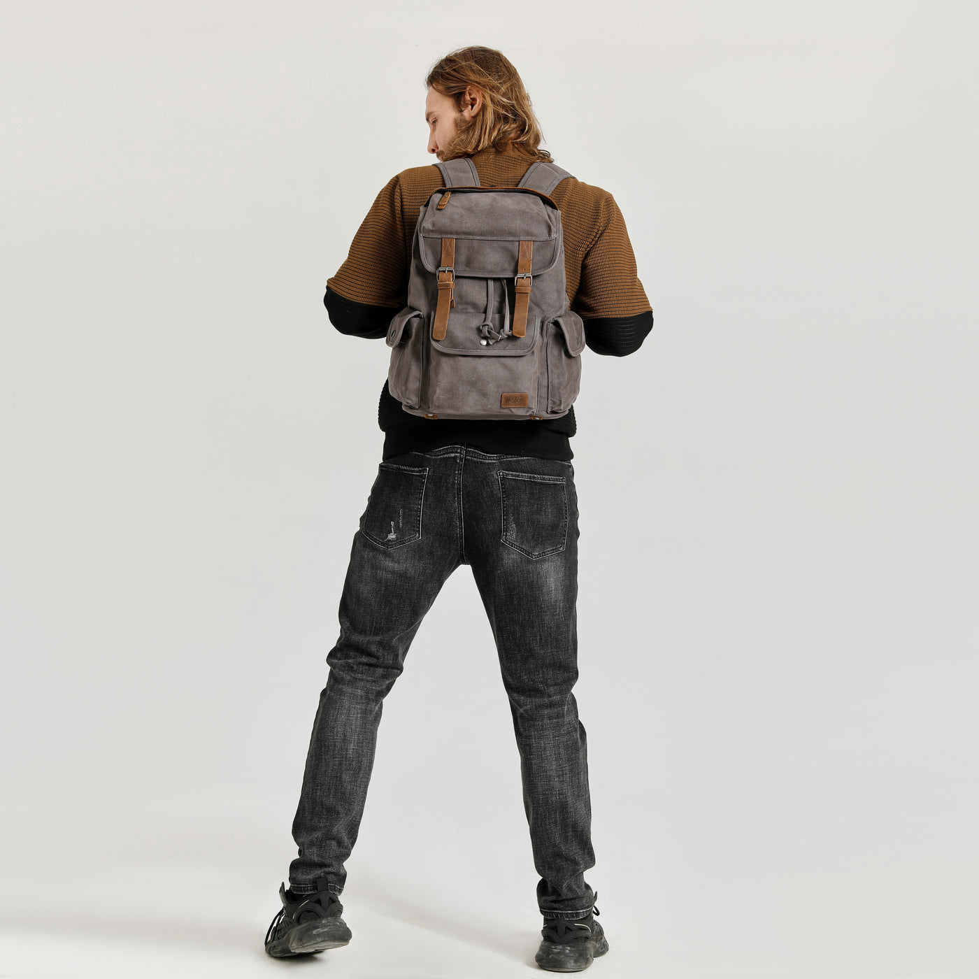 BILL - Sac à dos en cuir véritable et toile enduite - Gris