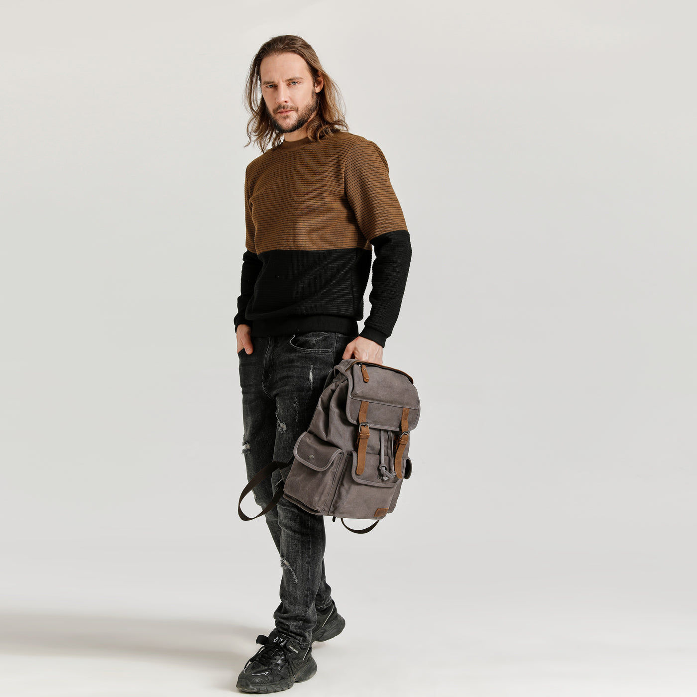 BILL - Sac à dos en cuir véritable et toile enduite - Gris