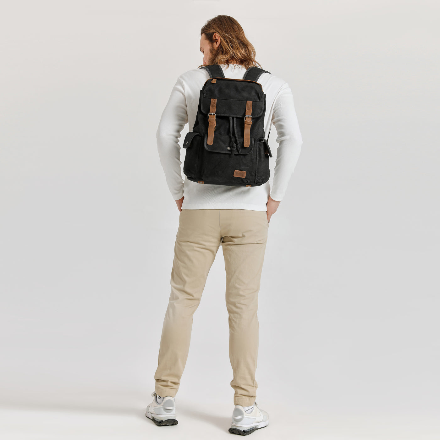 BILL - Sac à dos en cuir véritable et toile enduite - Noir