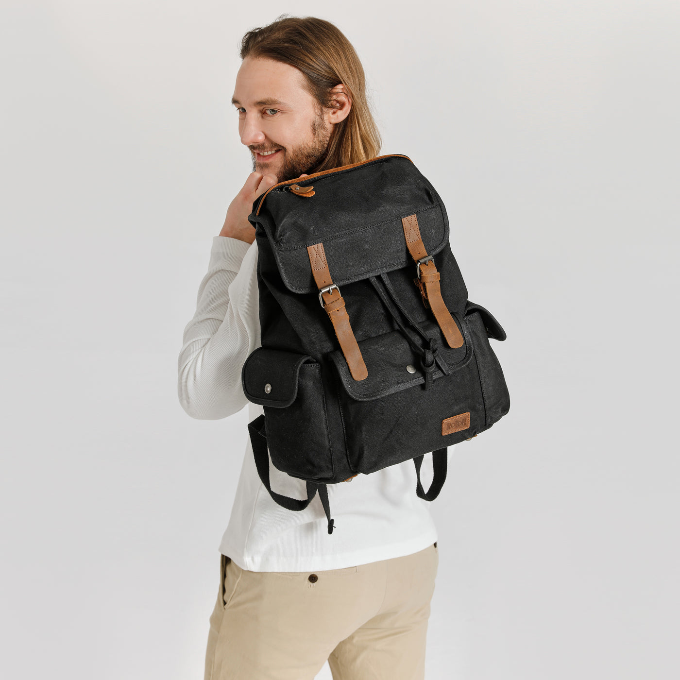 BILL - Sac à dos en cuir véritable et toile enduite - Noir