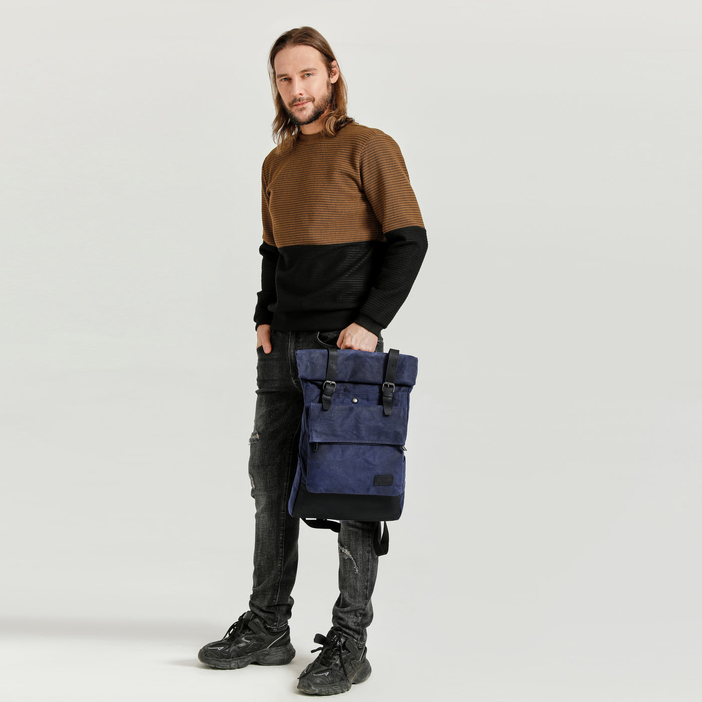 JACK - Sac à dos en cuir véritable et toile enduite - Bleu