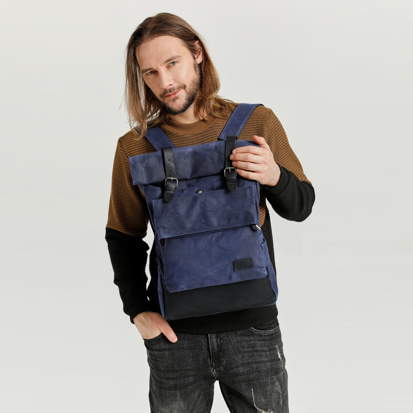 JACK - Sac à dos en cuir véritable et toile enduite - Bleu