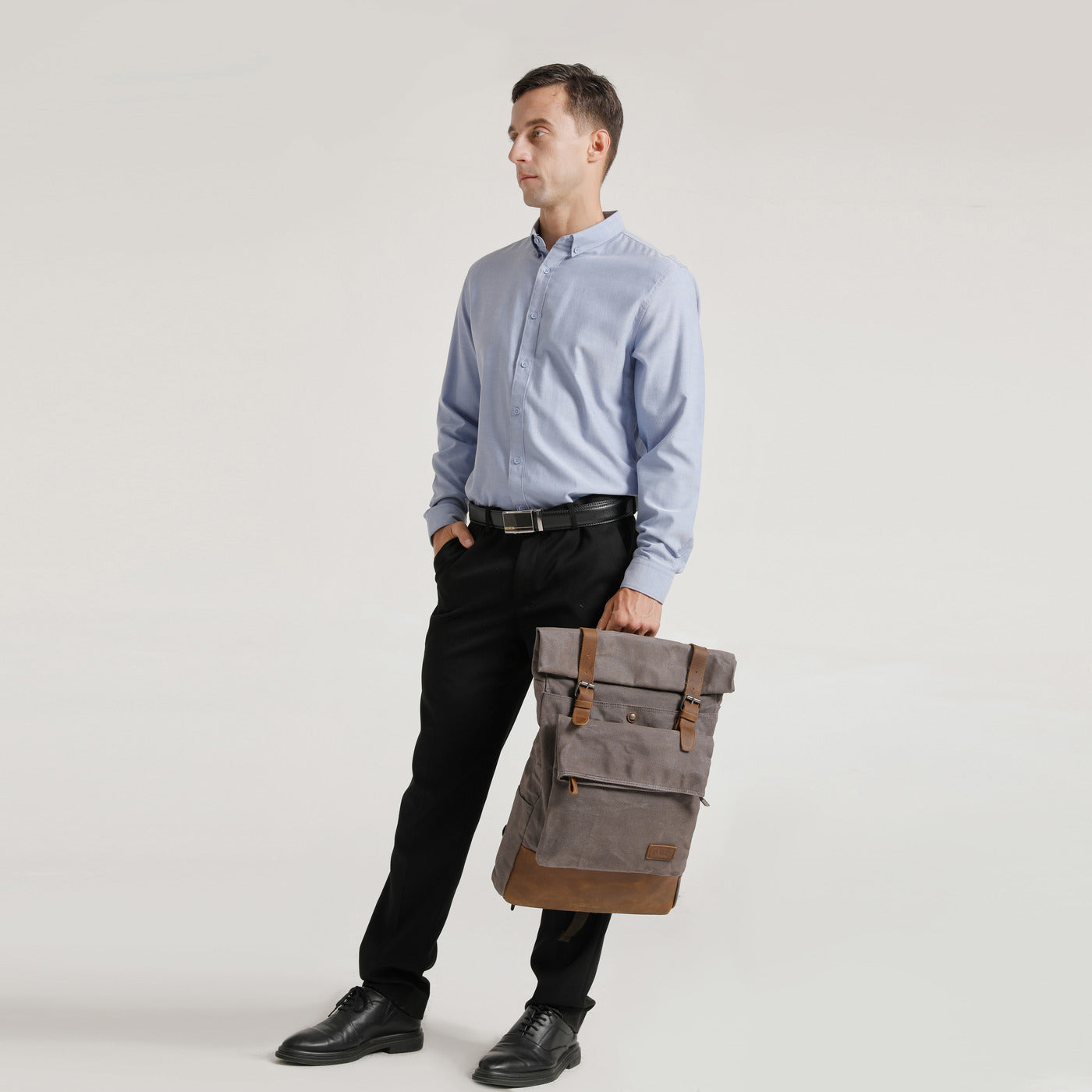 JACK - Sac à dos en cuir véritable et toile enduite - Gris