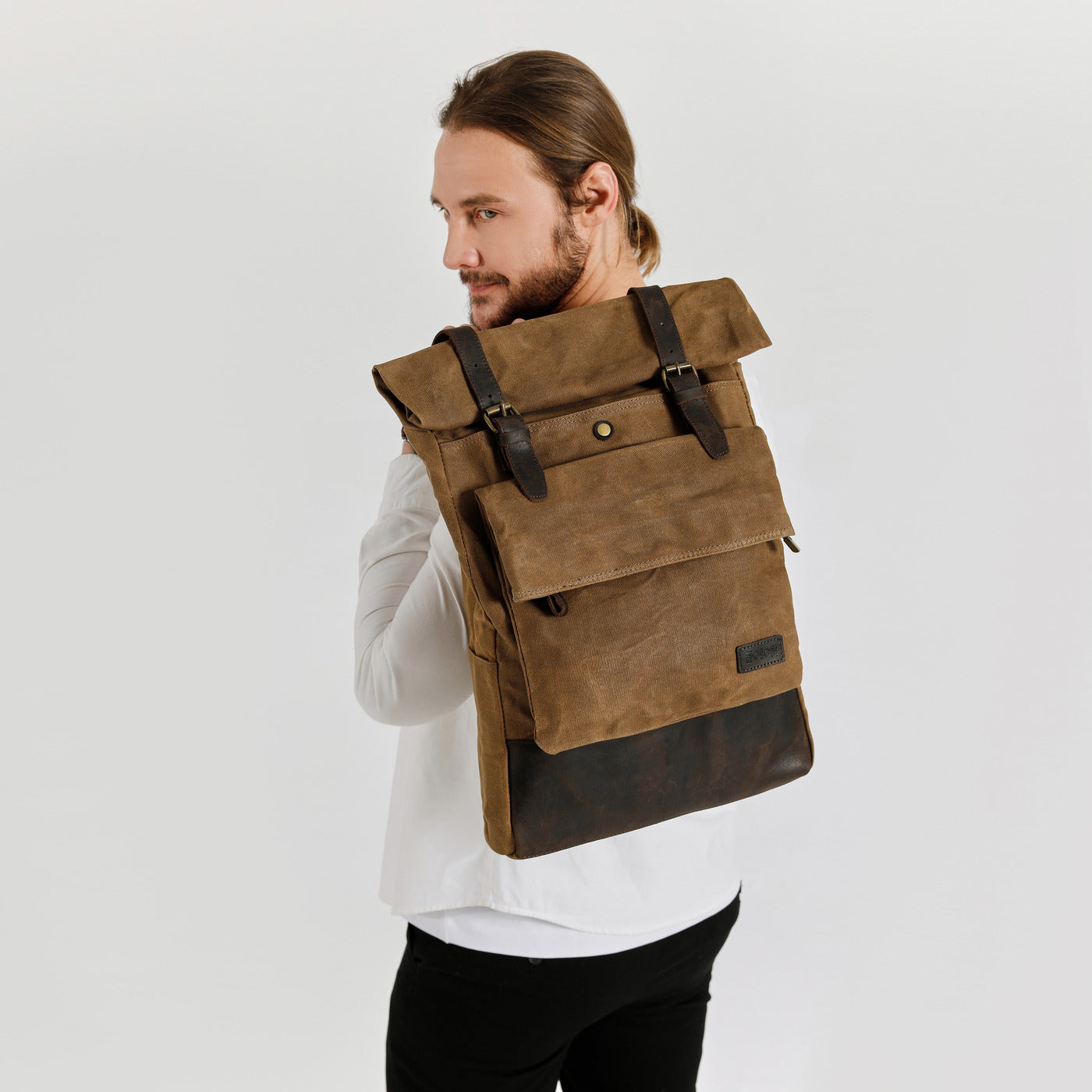 JACK - Sac à dos en cuir véritable et toile enduite - Camel