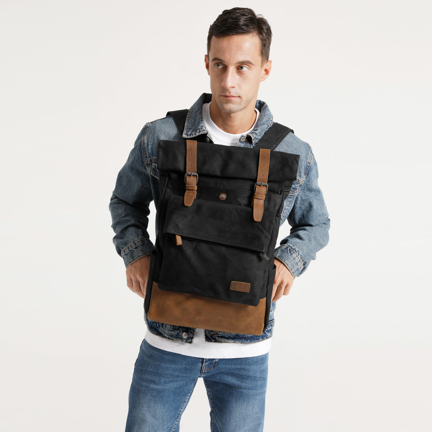 JACK - Sac à dos en cuir véritable et toile enduite - Noir