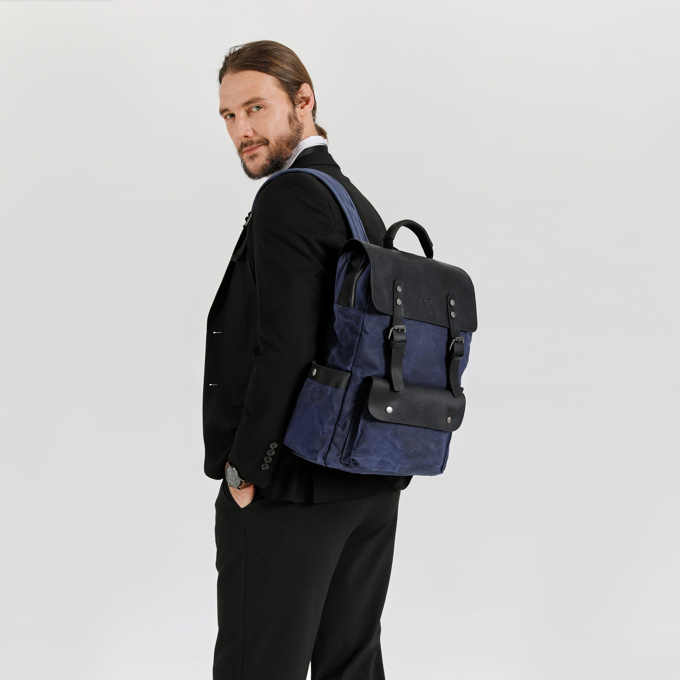 ED - Sac à dos en cuir véritable et toile enduite - Bleu