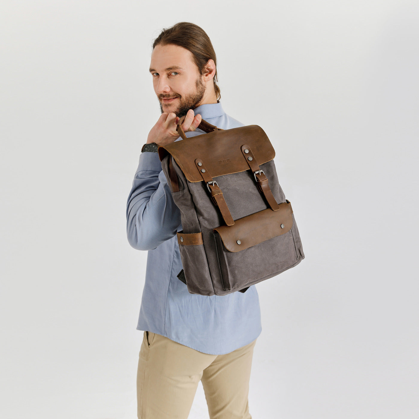 ED - Sac à dos en cuir véritable et toile enduite - Gris