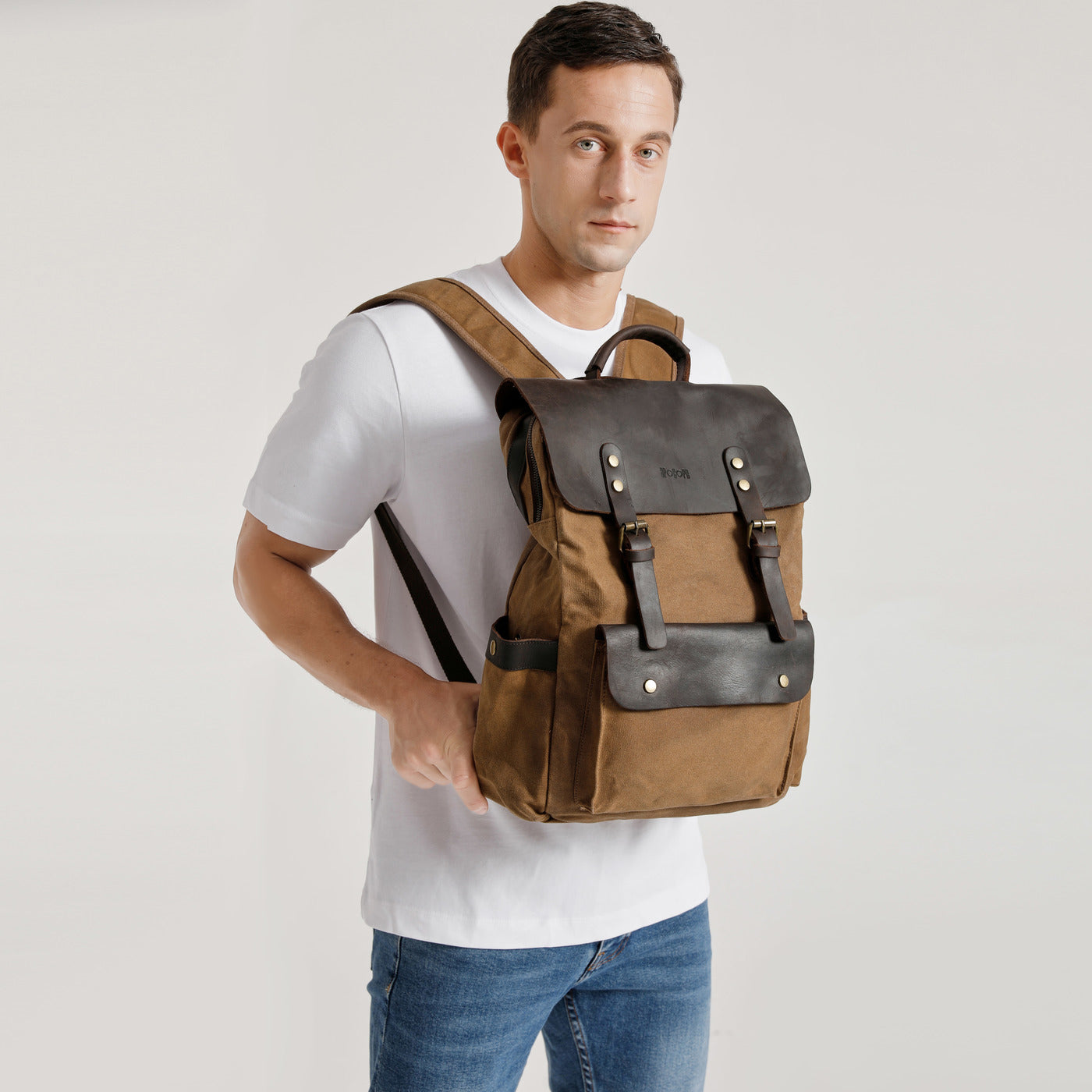 ED - Sac à dos en cuir véritable et toile enduite - Camel