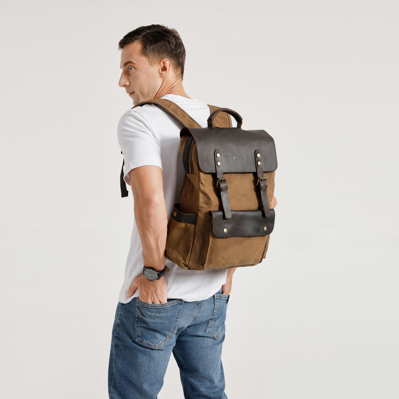 ED - Sac à dos en cuir véritable et toile enduite - Camel