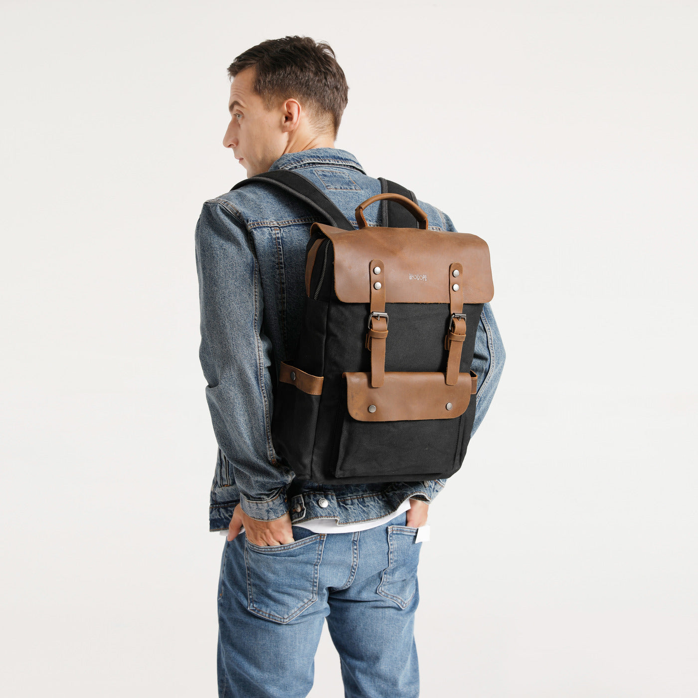 ED - Sac à dos en cuir véritable et toile enduite - Noir