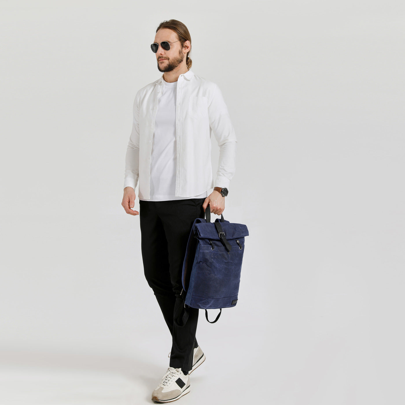 STAN - Sac à dos en cuir véritable et toile enduite - Bleu
