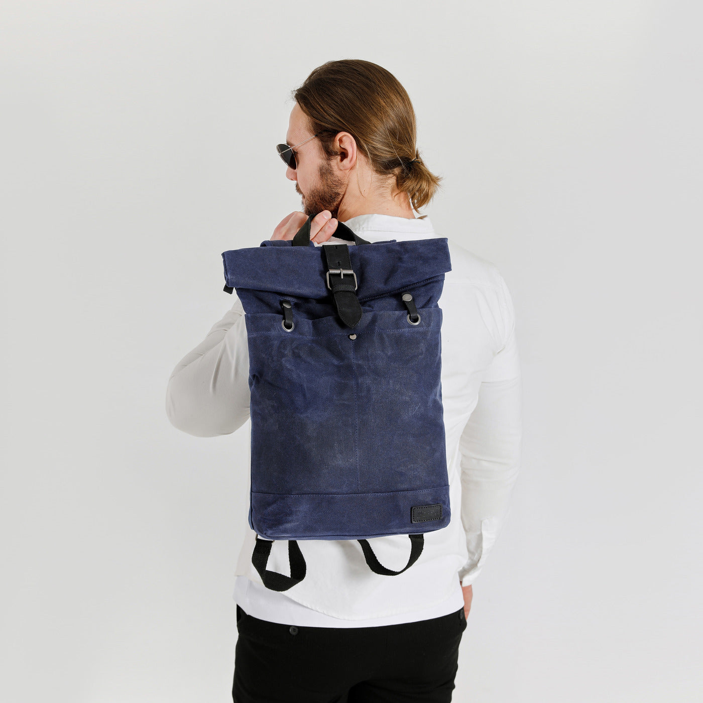 STAN - Sac à dos en cuir véritable et toile enduite - Bleu