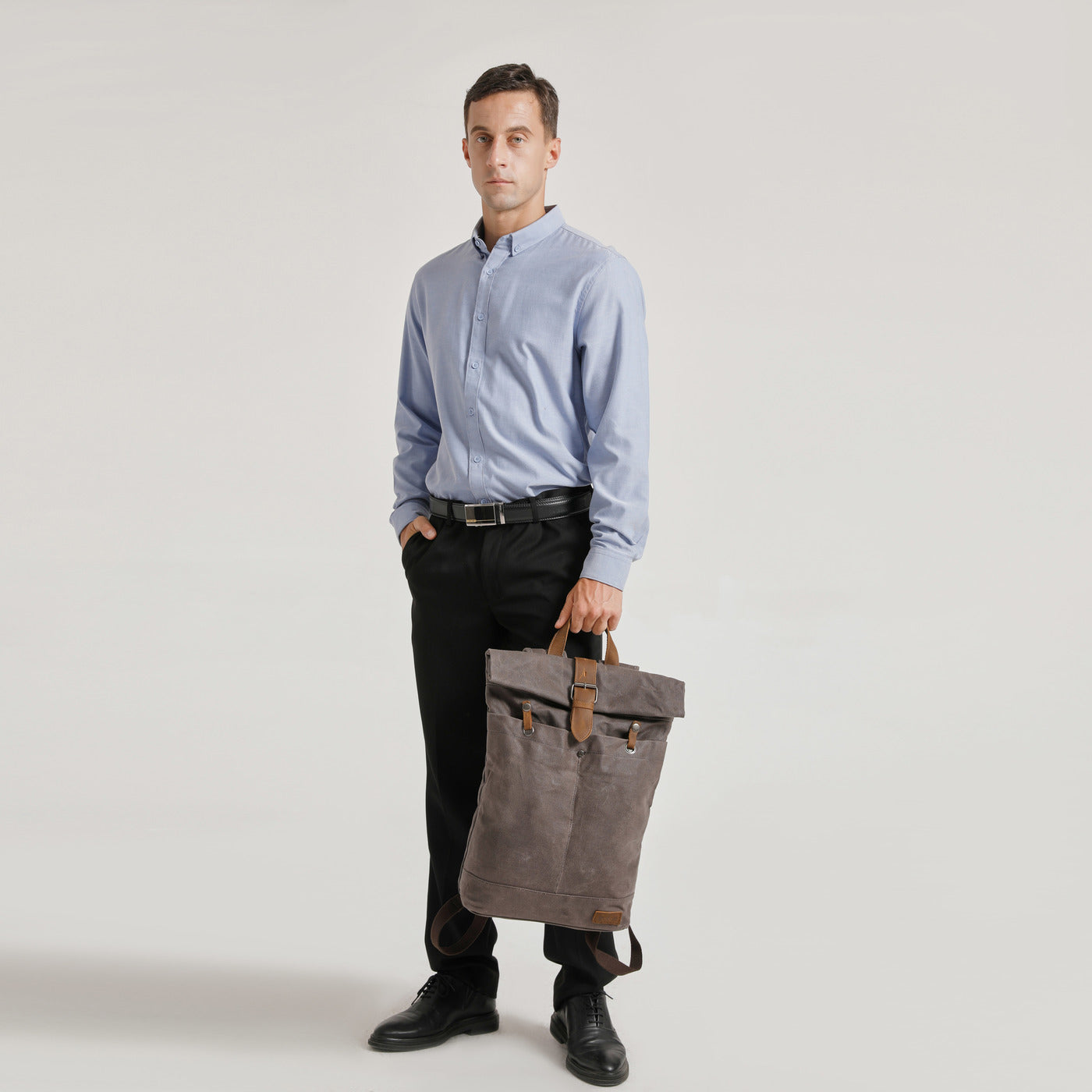 STAN - Sac à dos en cuir véritable et toile enduite - Gris