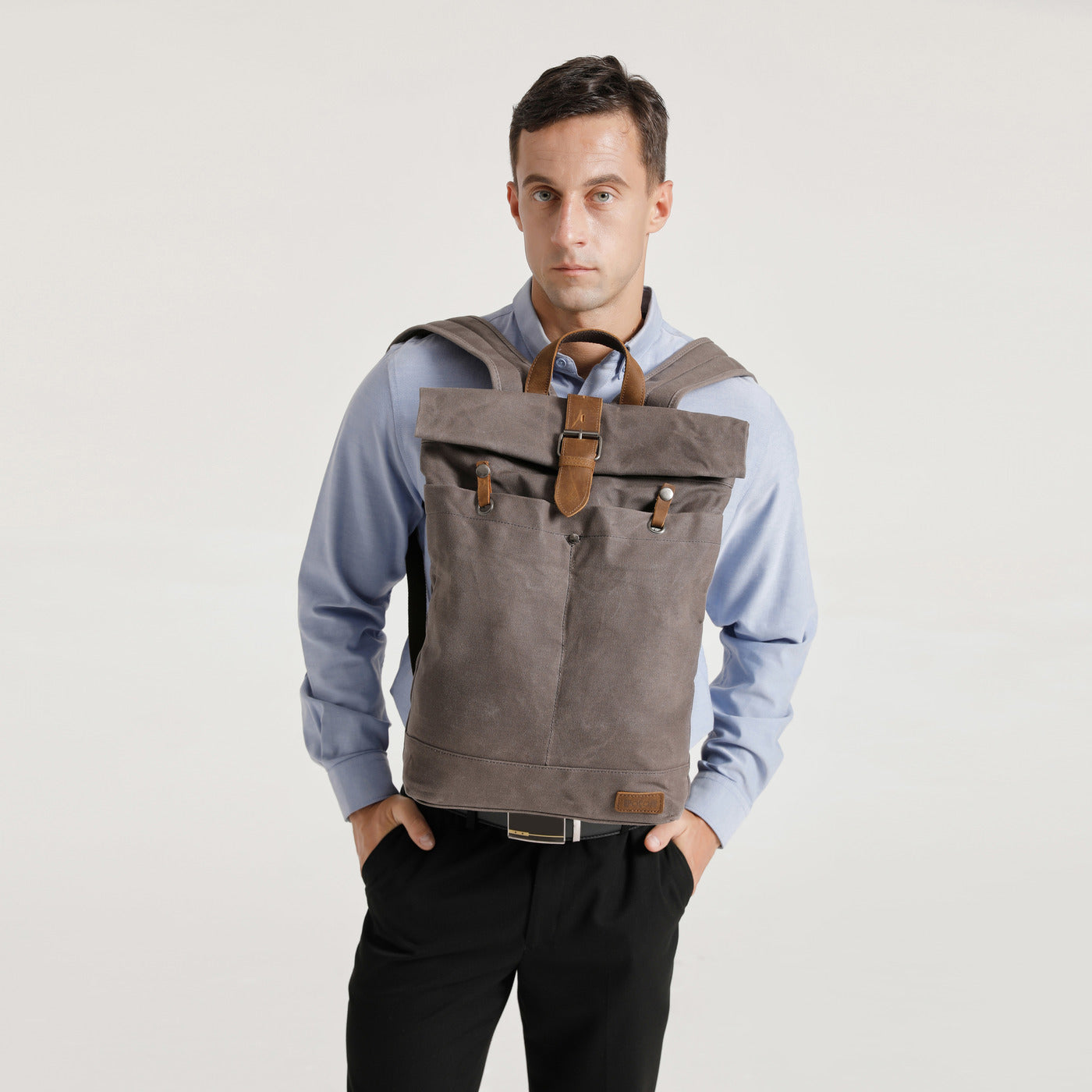 STAN - Sac à dos en cuir véritable et toile enduite - Gris