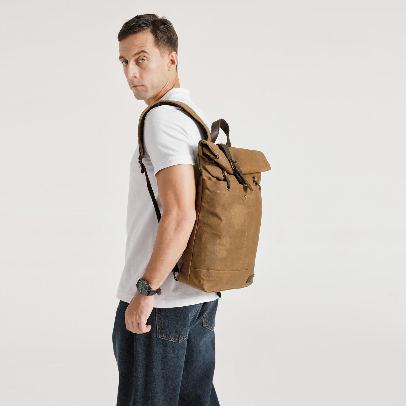 STAN - Sac à dos en cuir véritable et toile enduite - Camel