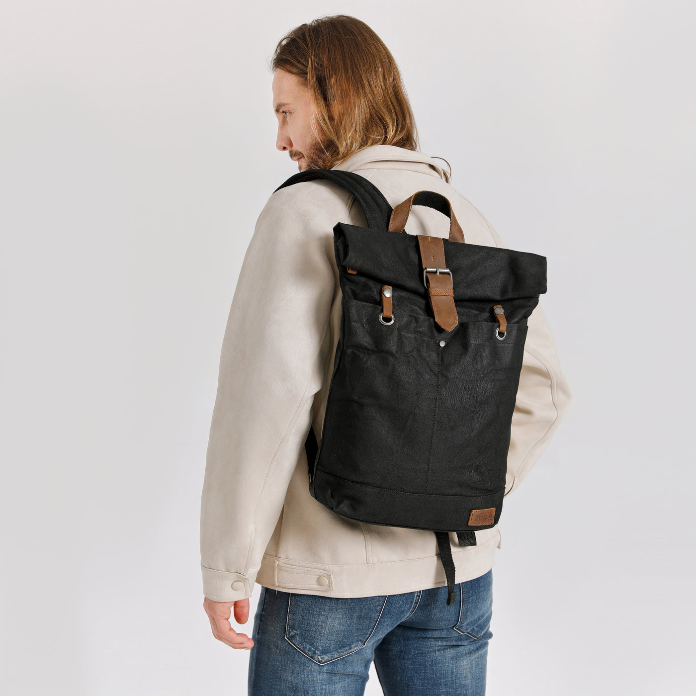 STAN - Sac à dos en cuir véritable et toile enduite - Noir