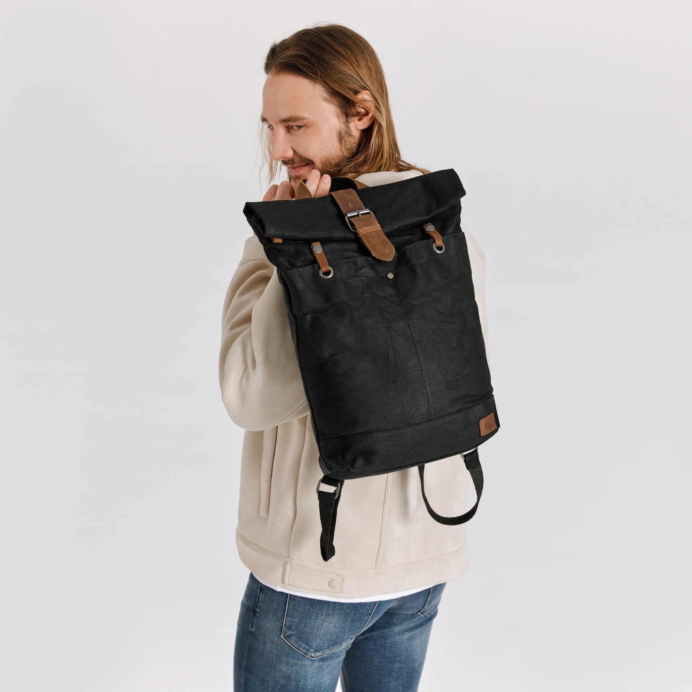 STAN - Sac à dos en cuir véritable et toile enduite - Noir