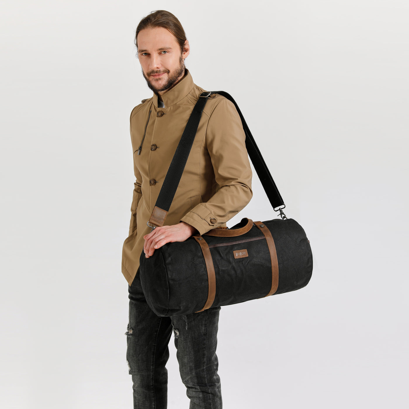 FERDI - Sac polochon en cuir véritable et toile enduite - Noir