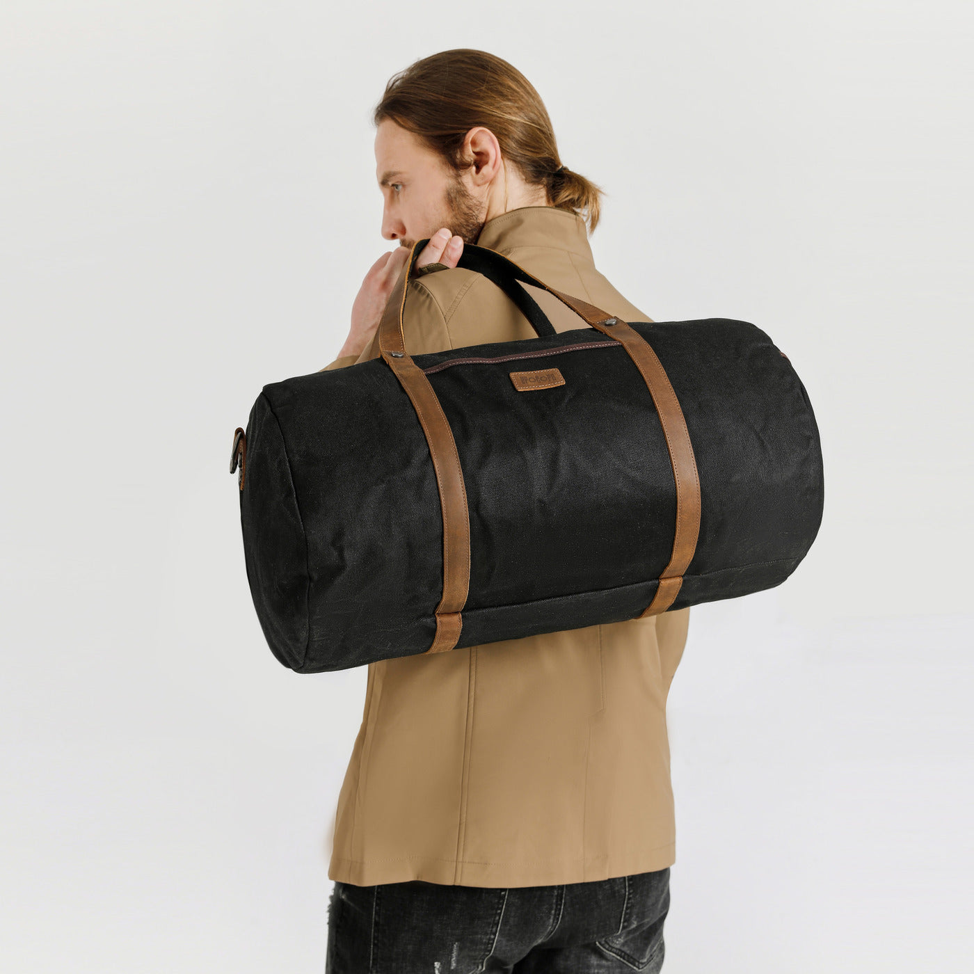 FERDI - Sac polochon en cuir véritable et toile enduite - Noir