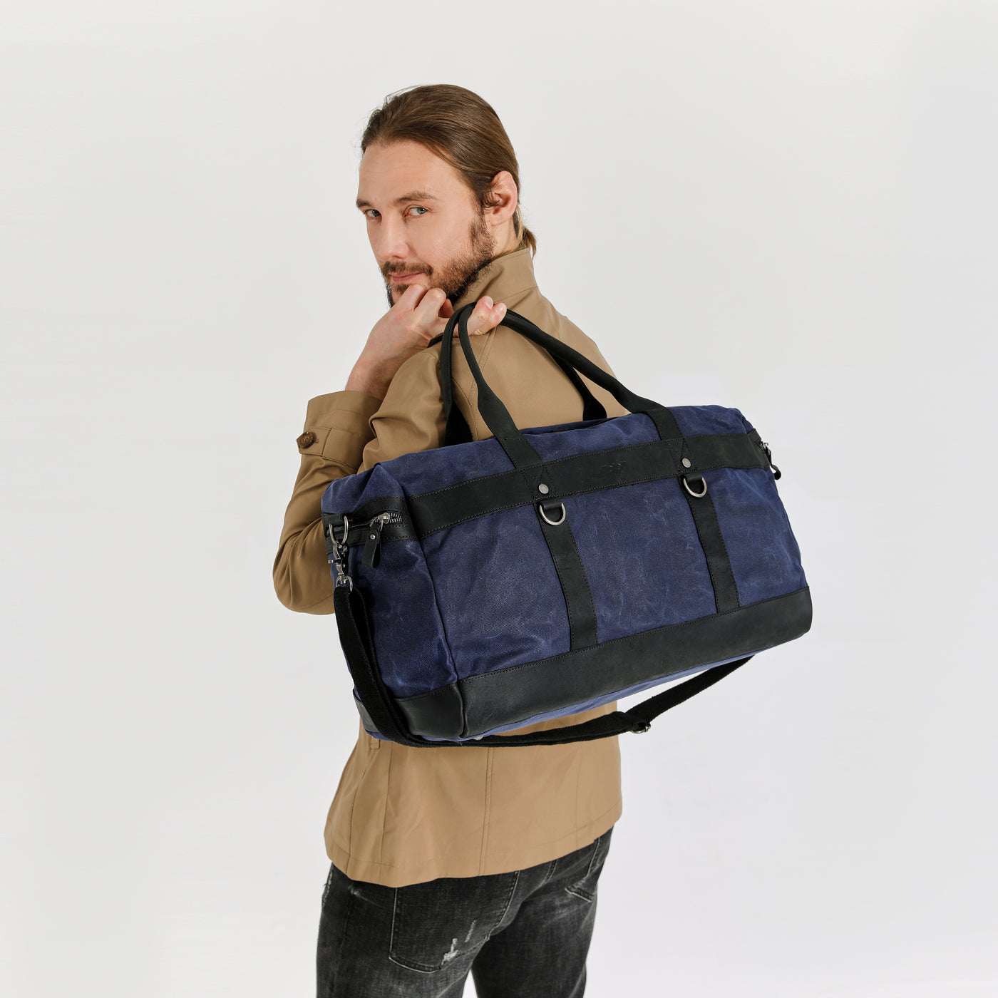 VLAD - Sac de voyage en cuir véritable et toile enduite - Bleu