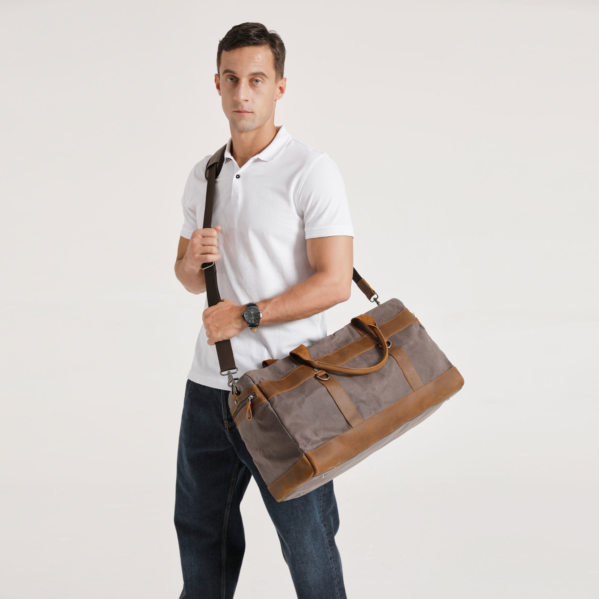 VLAD - Sac de voyage en cuir véritable et toile enduite - Gris