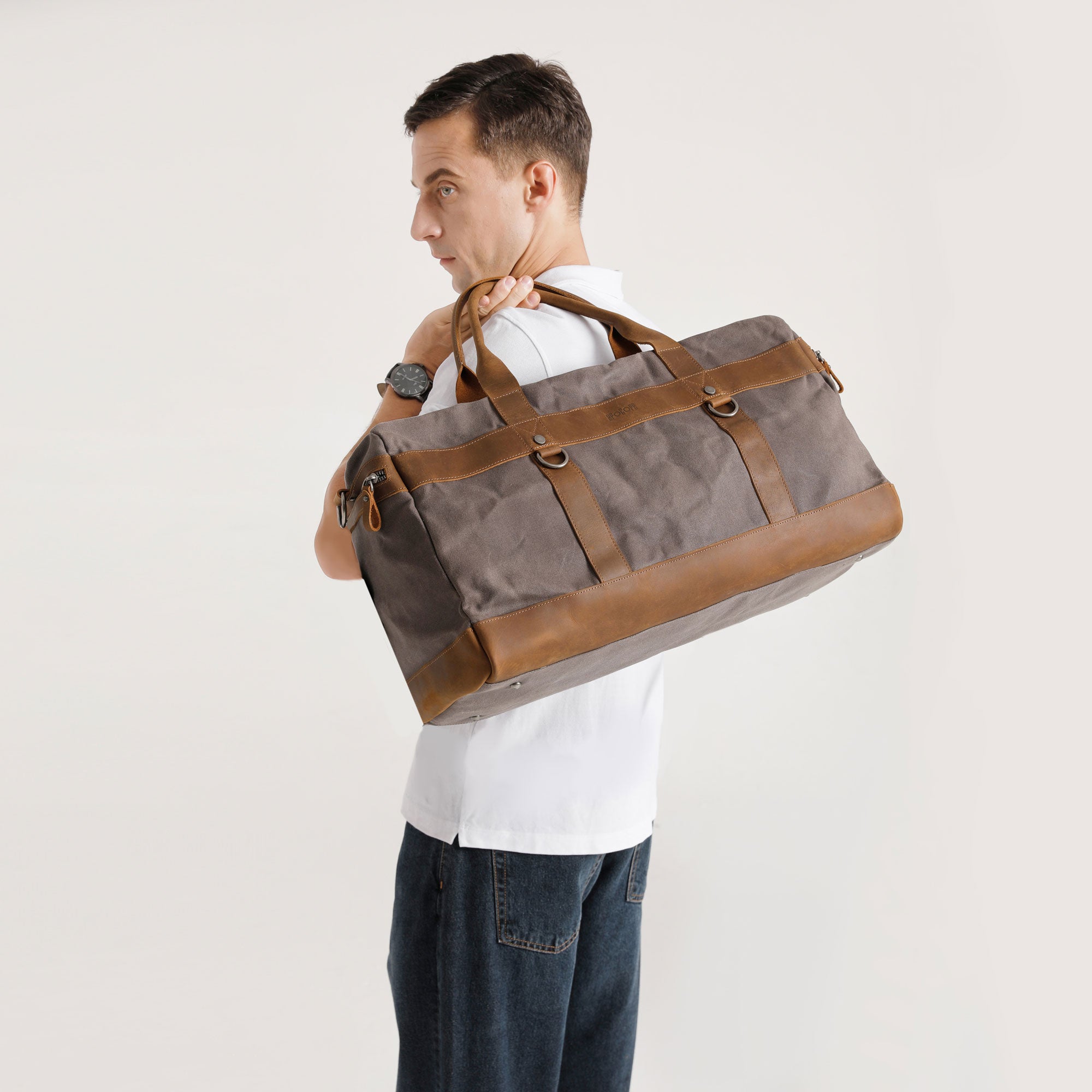 VLAD - Sac de voyage en cuir véritable et toile enduite - Gris