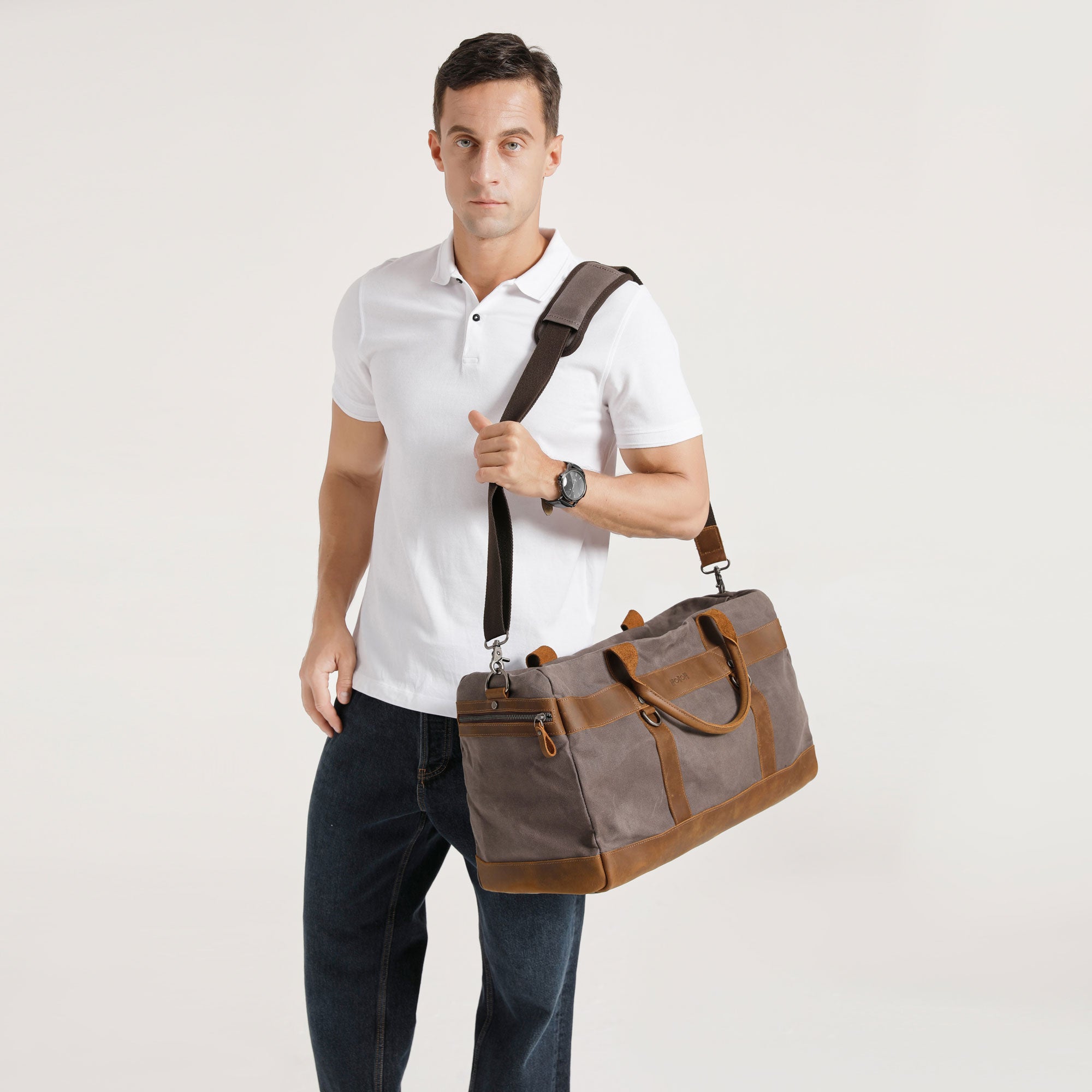 VLAD - Sac de voyage en cuir véritable et toile enduite - Gris