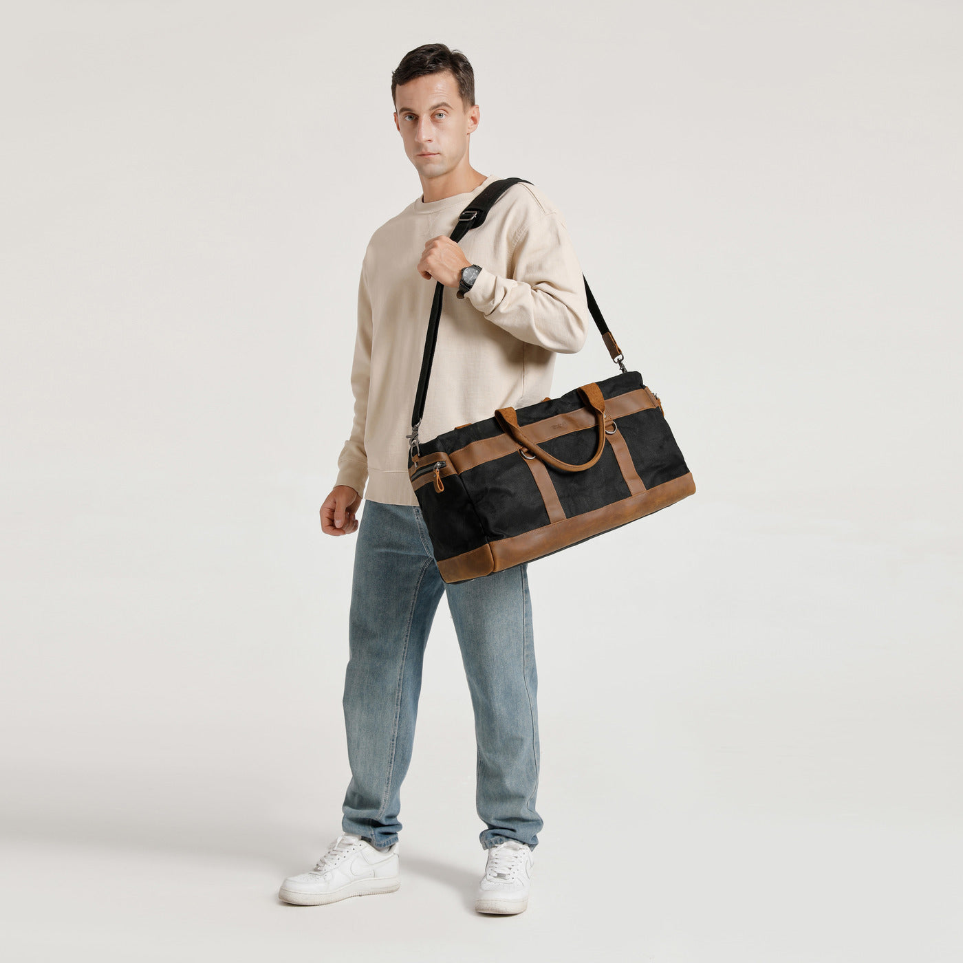 VLAD - Sac de voyage en cuir véritable et toile enduite - Noir