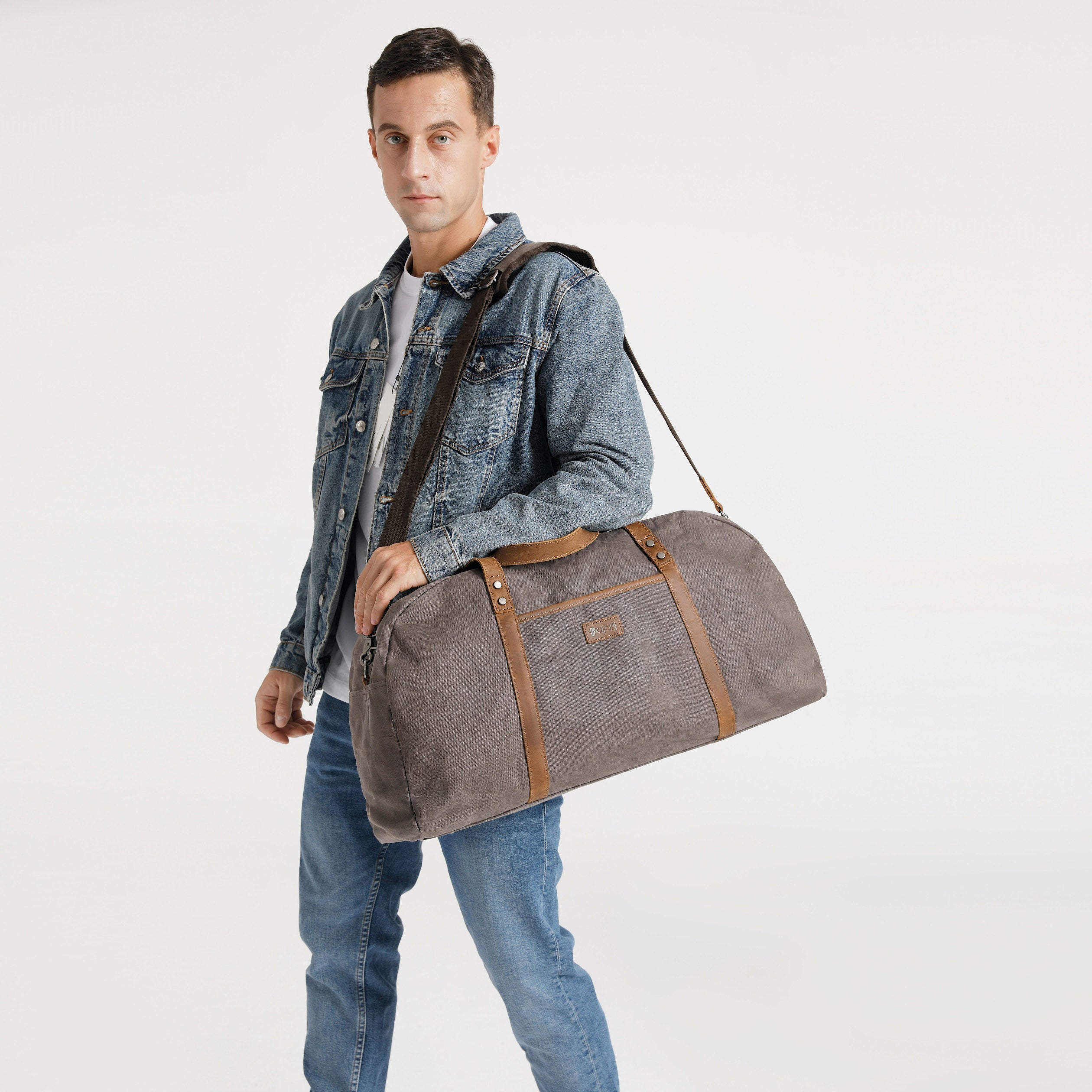 BOB - Sac de voyage en cuir véritable et toile enduite - Gris