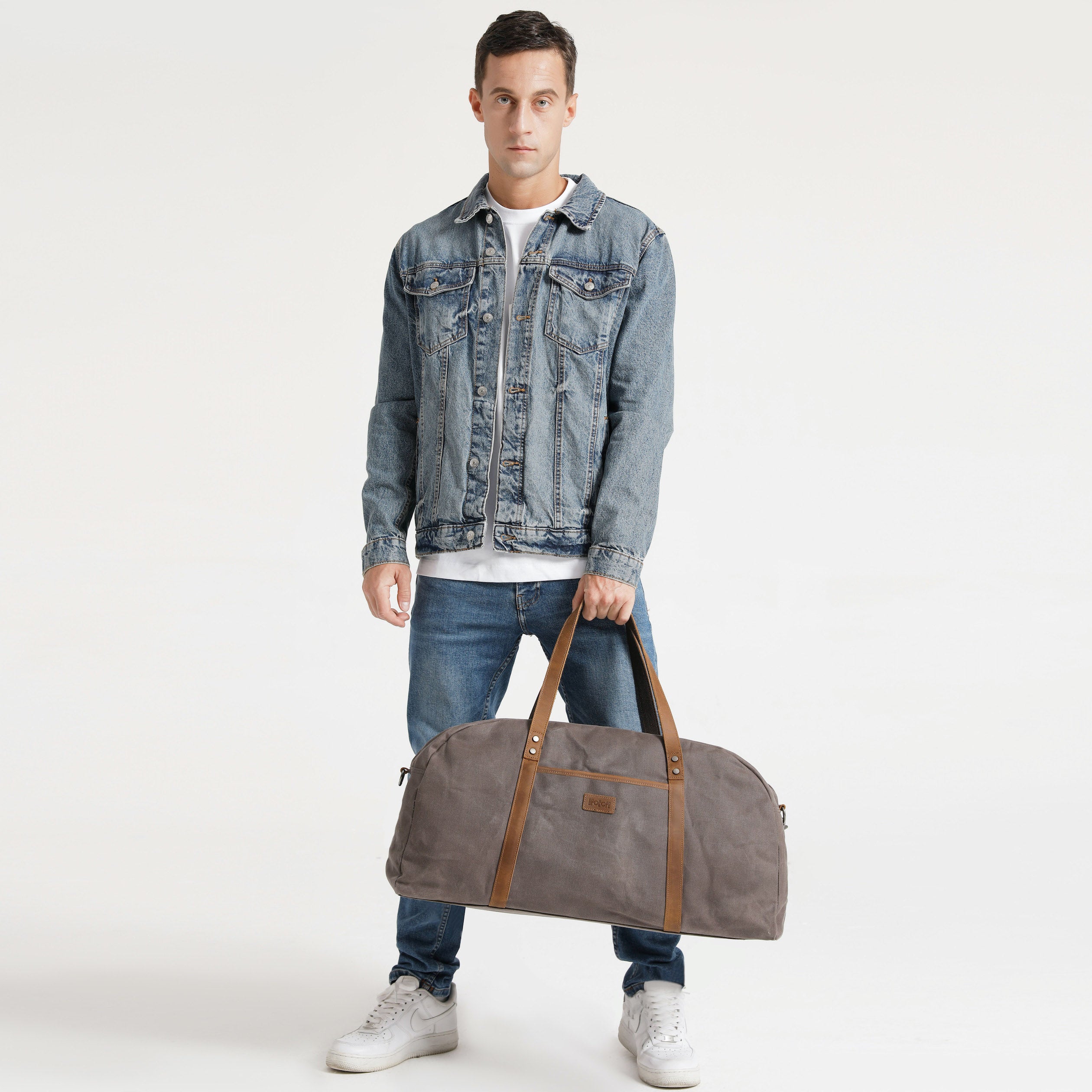 BOB - Sac de voyage en cuir véritable et toile enduite - Gris