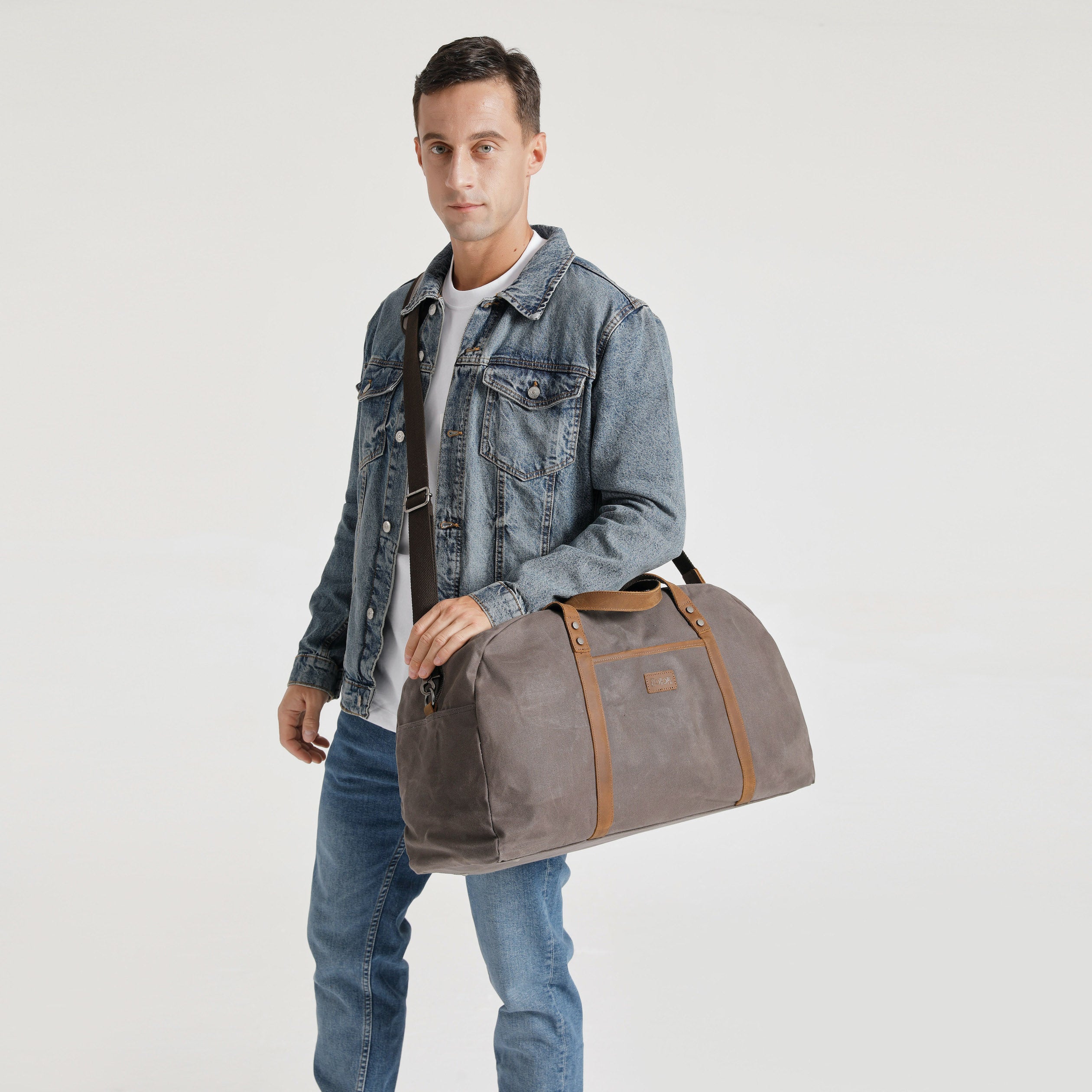 BOB - Sac de voyage en cuir véritable et toile enduite - Gris