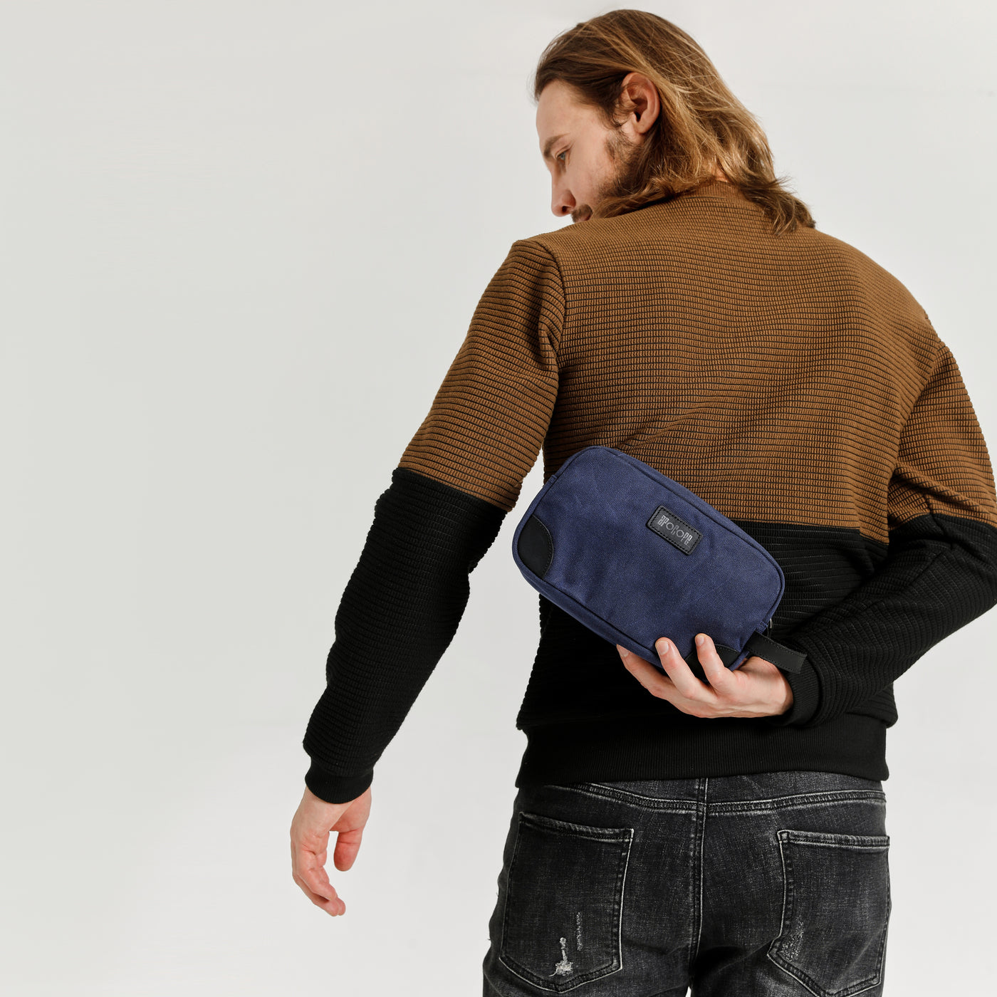 TOM - Trousse de toilette en cuir véritable et toile enduite - Bleu