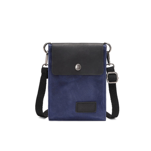 VAL - Pochette bandoulière en cuir véritable et toile enduite - Bleu