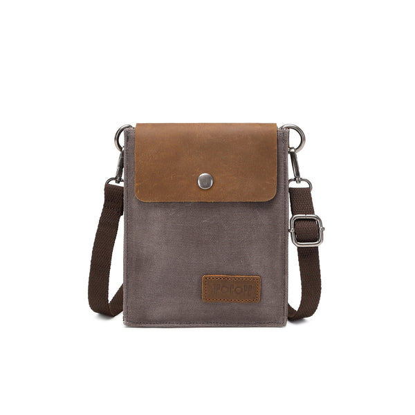VAL - Pochette bandoulière en cuir véritable et toile enduite - Gris