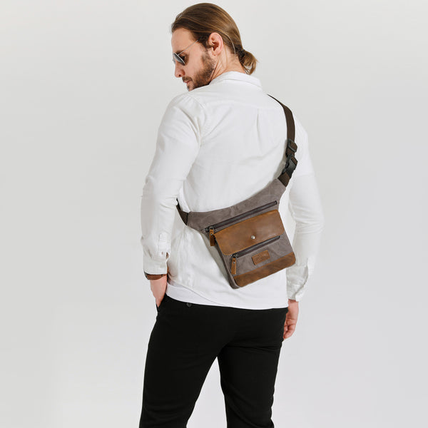 JEFF - Pochette banane en cuir véritable et toile enduite - Gris