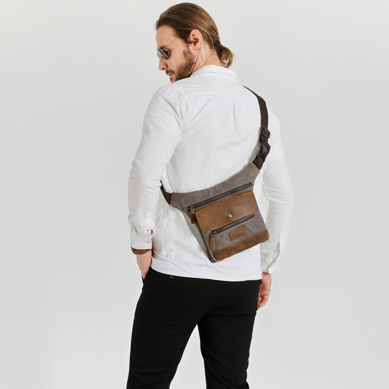 JEFF - Pochette banane en cuir véritable et toile enduite - Gris