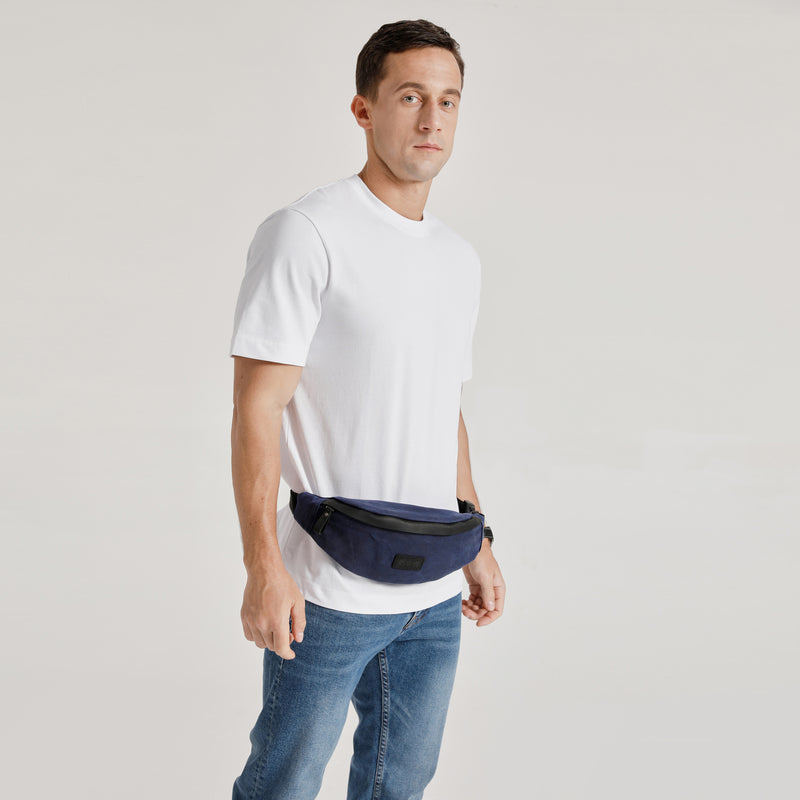 FLO - Sac banane en cuir véritable et toile enduite - Bleu