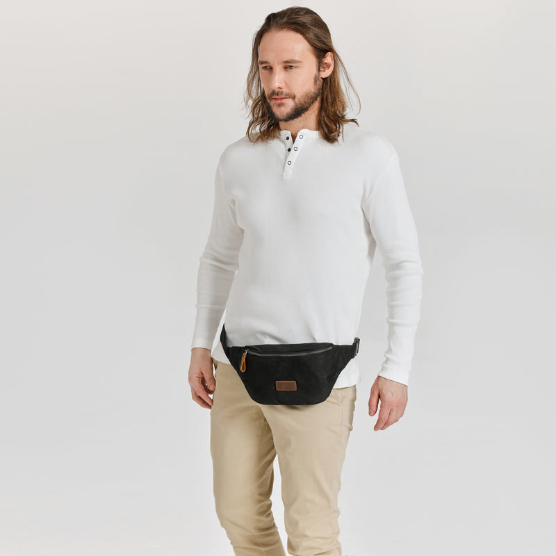 TIM - Sac banane en cuir véritable et toile enduite - Noir