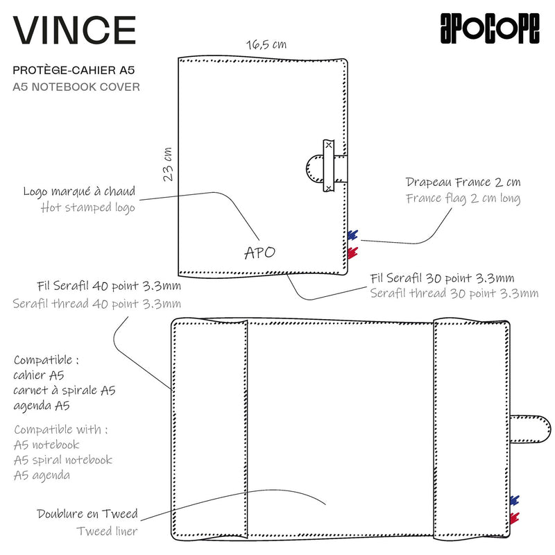 VINCE - Protège-cahier A5 en cuir recyclé - Gris