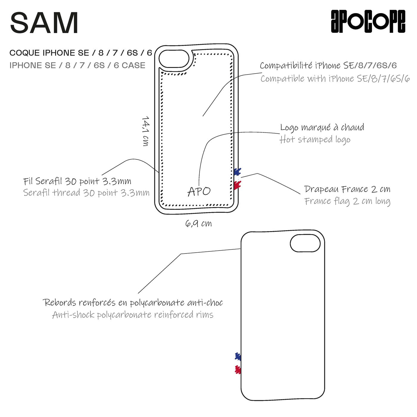 SAM - Coque iPhone SE / 8 / 7 / 6S / 6 en cuir recyclé - Bleu
