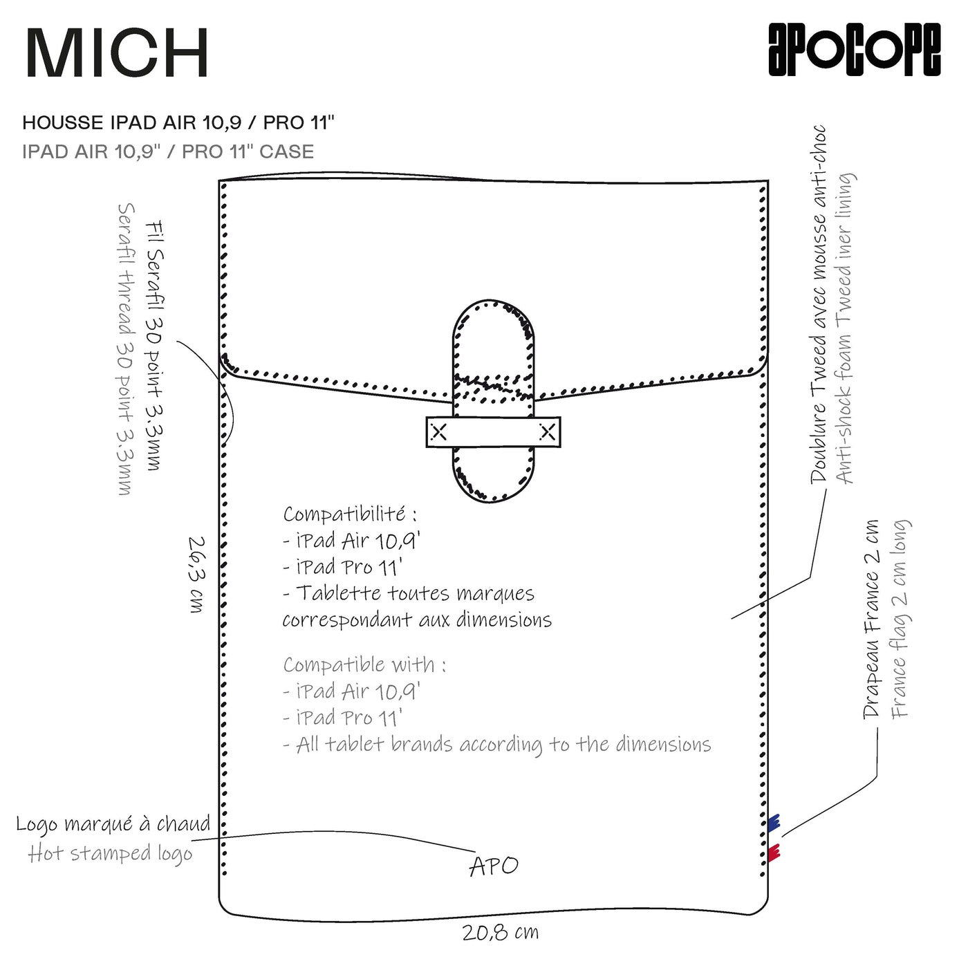 MICH - Housse iPad Air 10,9 / Pro 11" en cuir grainé - noir