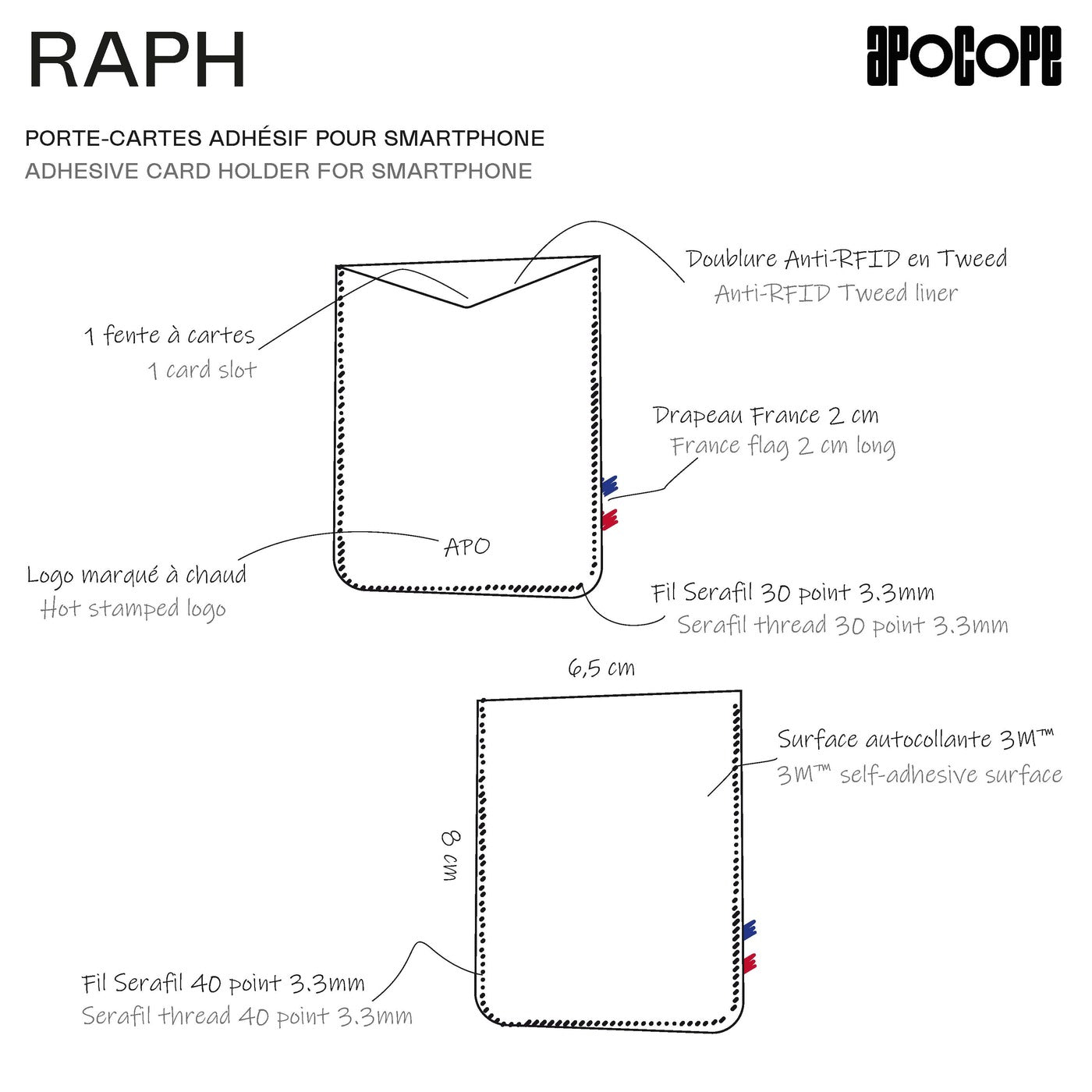 RAPH - Porte-cartes adhésif pour smartphone en cuir grainé - noir