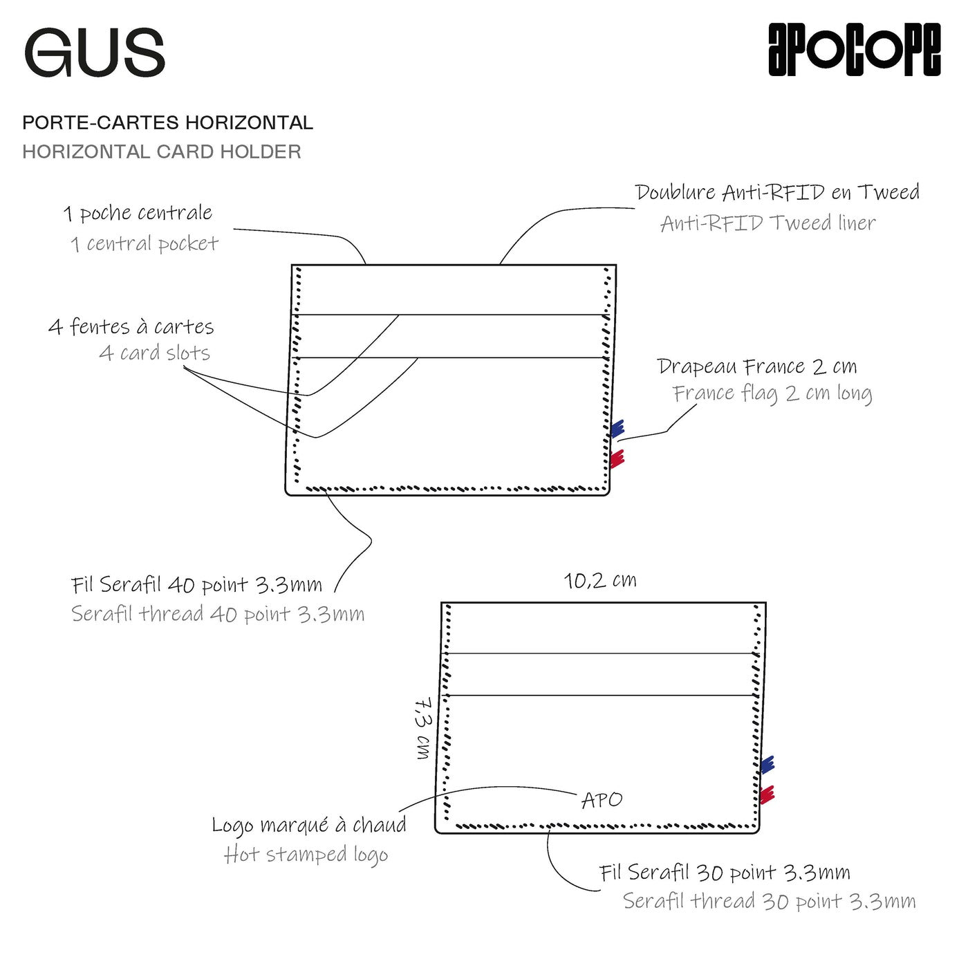 GUS - Porte-cartes horizontal en cuir recyclé - Gris
