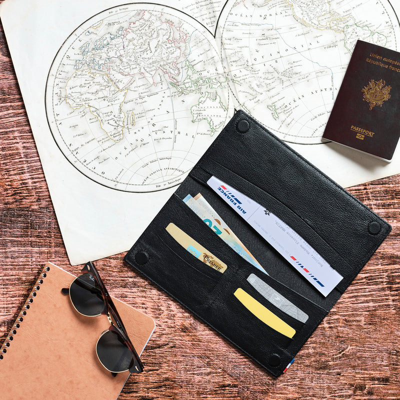 VIC - Portefeuille de voyage et porte-chéquier en cuir grainé - noir