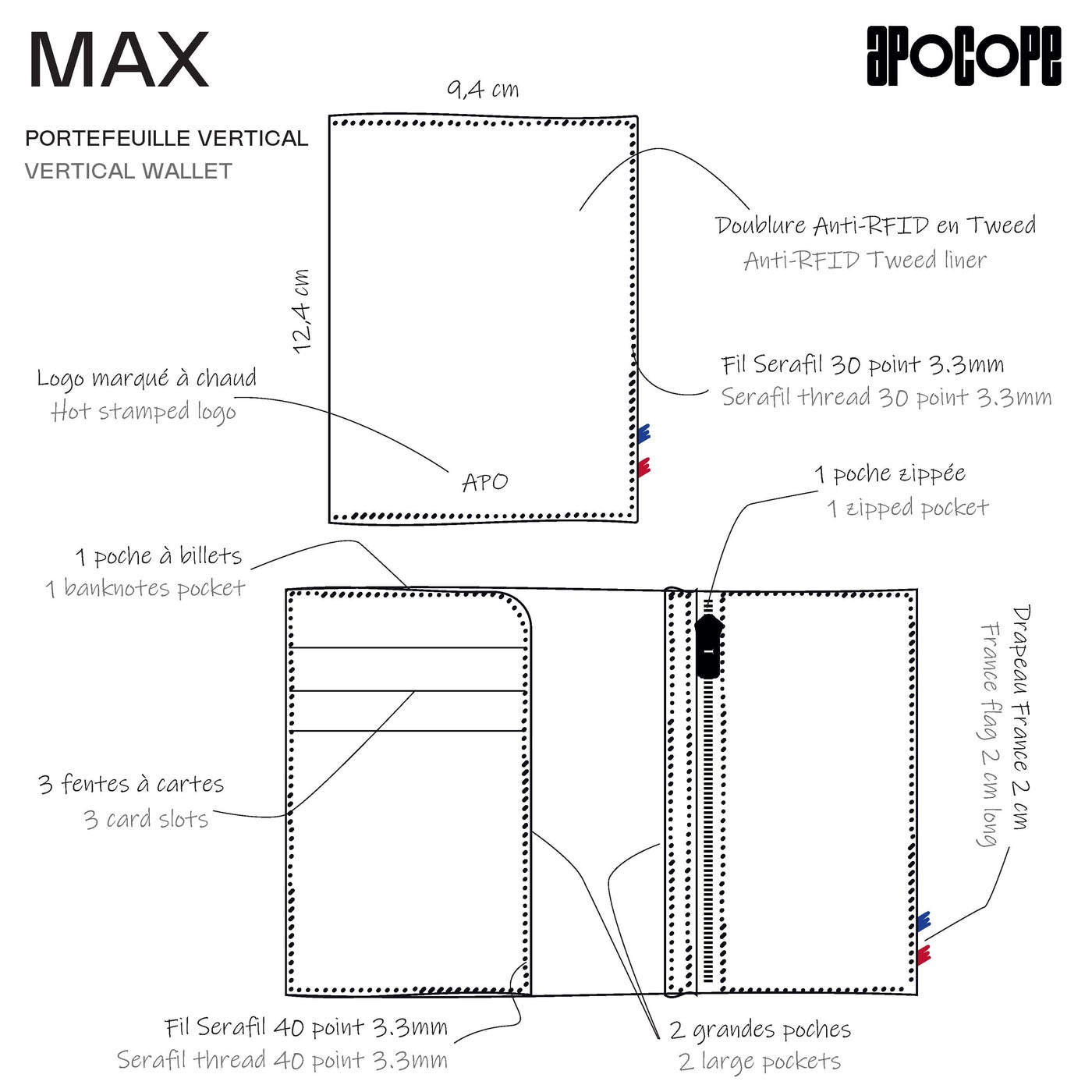 MAX - Portefeuille vertical en cuir recyclé - Gris