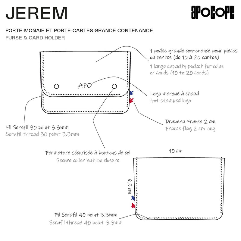 JEREM - Porte-monnaie et porte-cartes grande contenance en cuir recyclé - Bleu